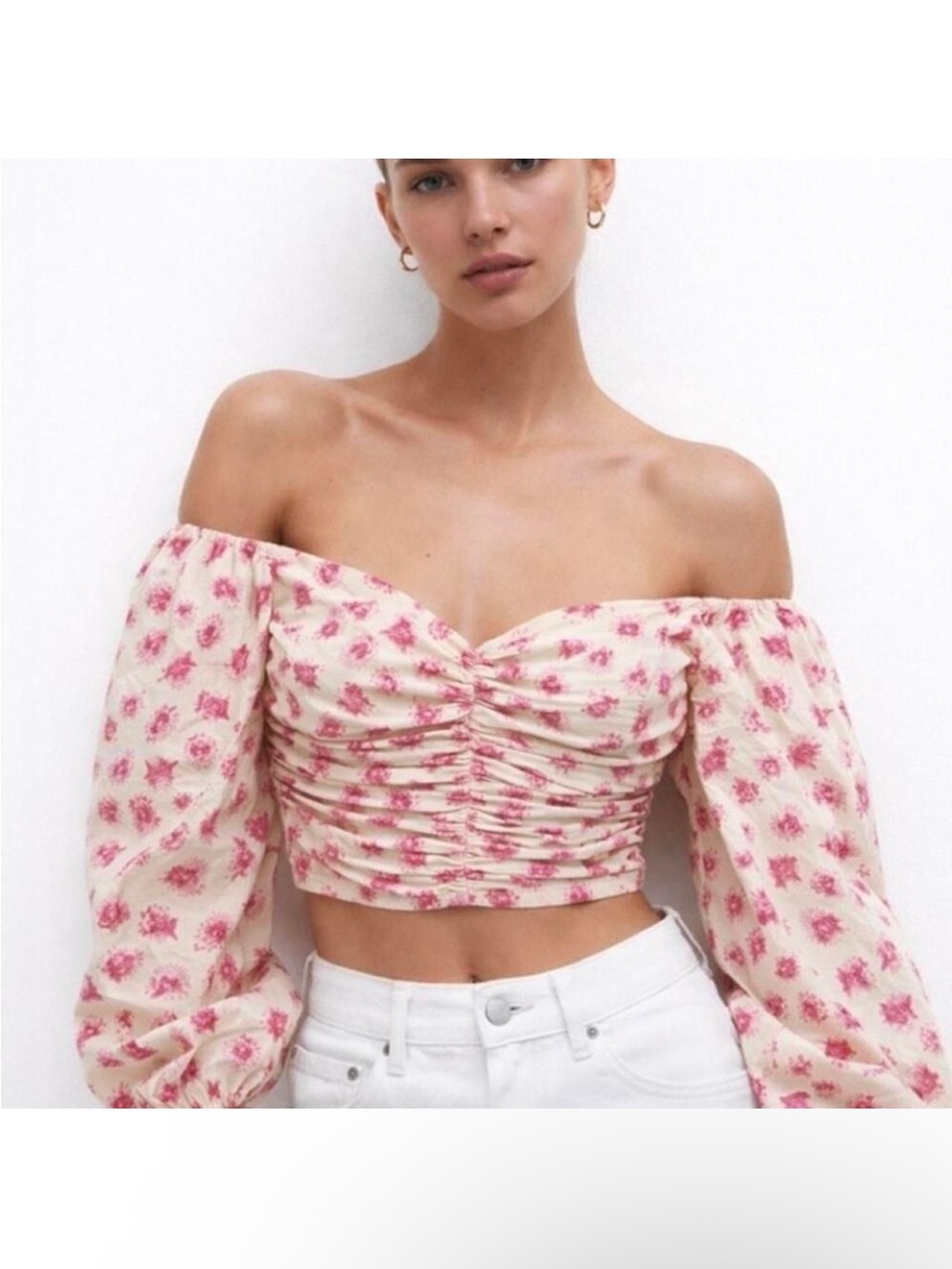 Zara Cream Off-the-Shoulder Pink Floral Ruched Crop Top